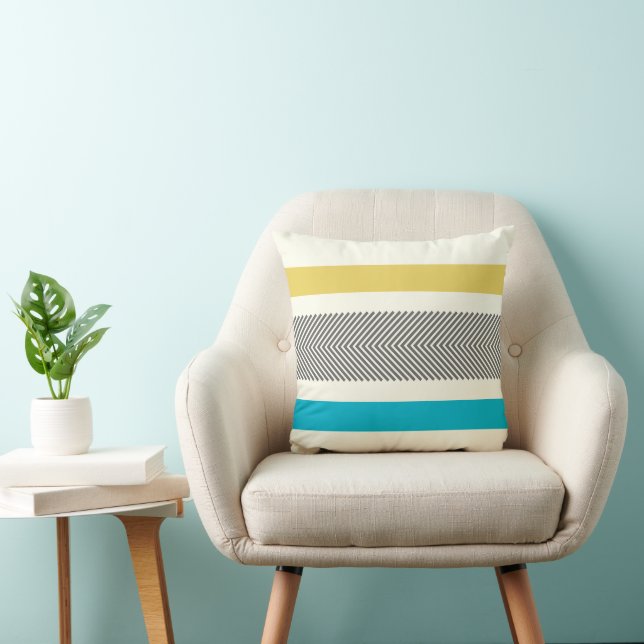 Aqua Yellow Gray Off White Arrow Herringbone Throw Pillow (Chair)