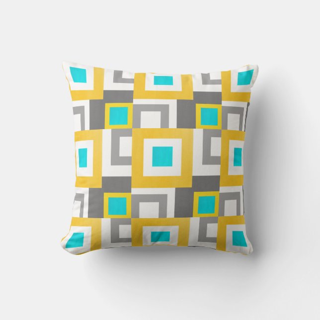 Aqua Yellow Gray White Abstract Geometric Squares Throw Pillow (Front)