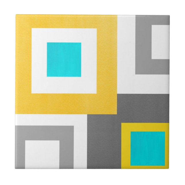 Aqua Yellow Gray White Geometric Block Ceramic Tile (Front)