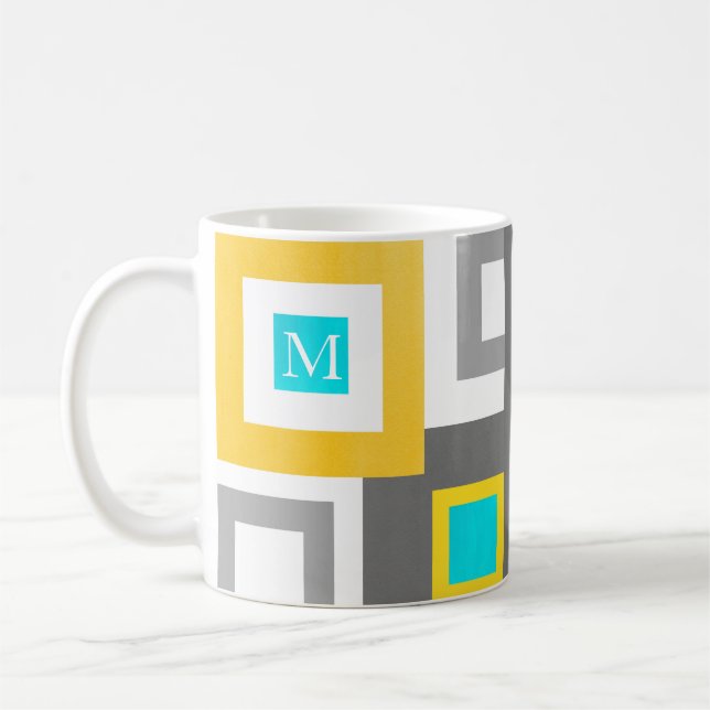 Aqua Yellow Gray White Geometric Color Block Coffee Mug (Left)