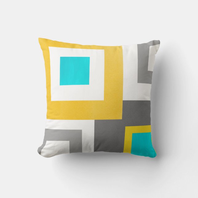 Aqua Yellow Gray White Geometric Squares Throw Pillow (Front)