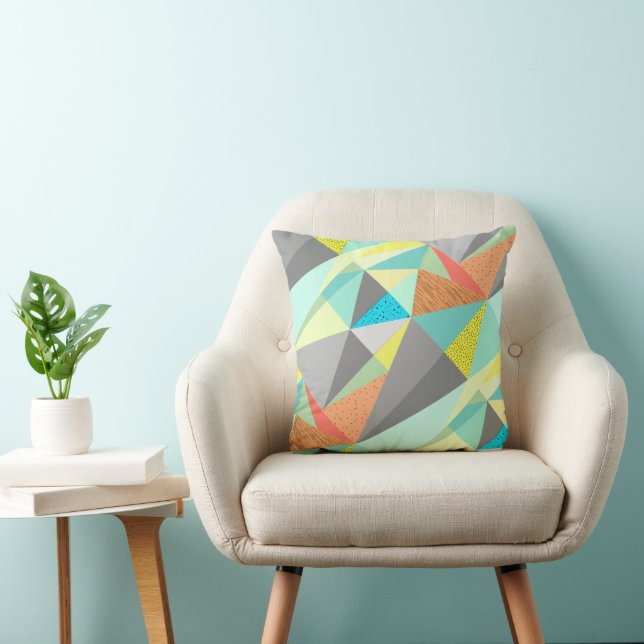 Aqua Yellow Gray Yellow Abstract Triangle Pattern Throw Pillow (Chair)