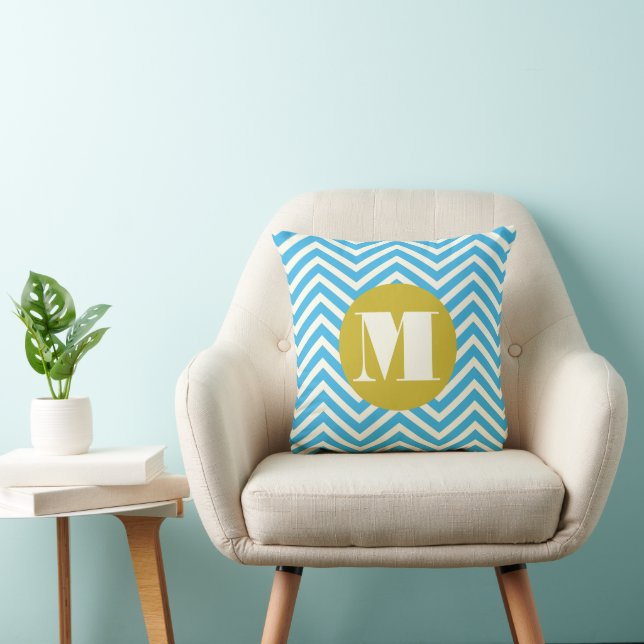 Aqua Yellow Ivory Monogram Modern Zig Zag Pillow (Chair)