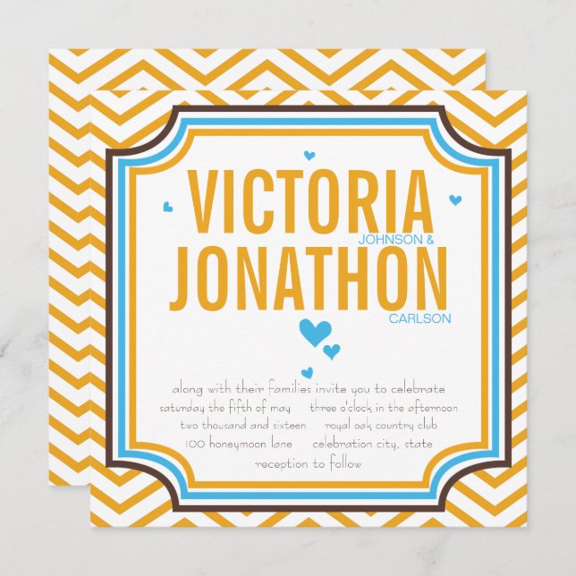 Aqua Yellow Modern Zig Zag Typography Wedding Invitation (Front/Back)