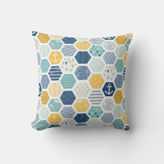 Aqua Yellow Nautical Coastal Tiles Pattern Outdoor Pillow (Front)