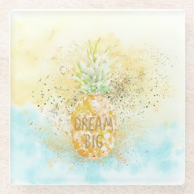 Aqua Yellow Pineapple Gold Dream Glitz   Glass Coaster (Front)