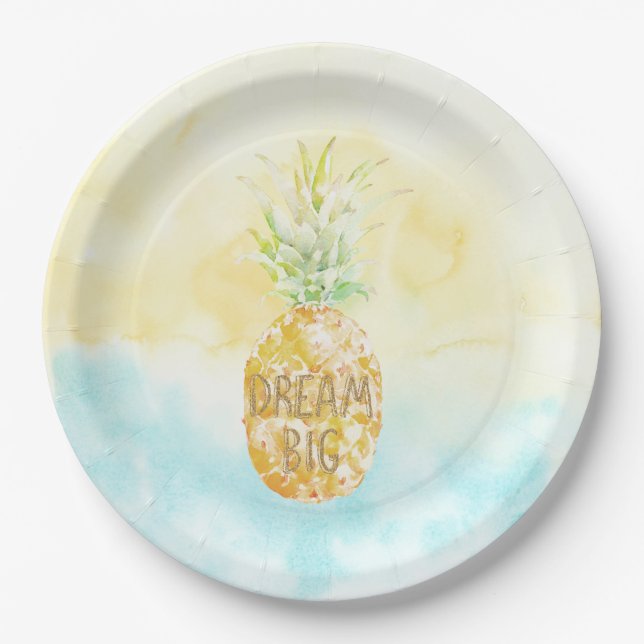 Aqua Yellow Pineapple Gold Dream         Paper Plates (Front)