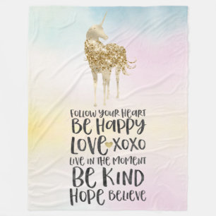 Aqua Yellow Pink Watercolor Inspirational Unicorn Fleece Blanket