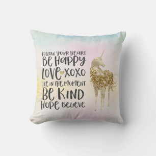 Aqua Yellow Pink Watercolor Inspirational Unicorn Throw Pillow