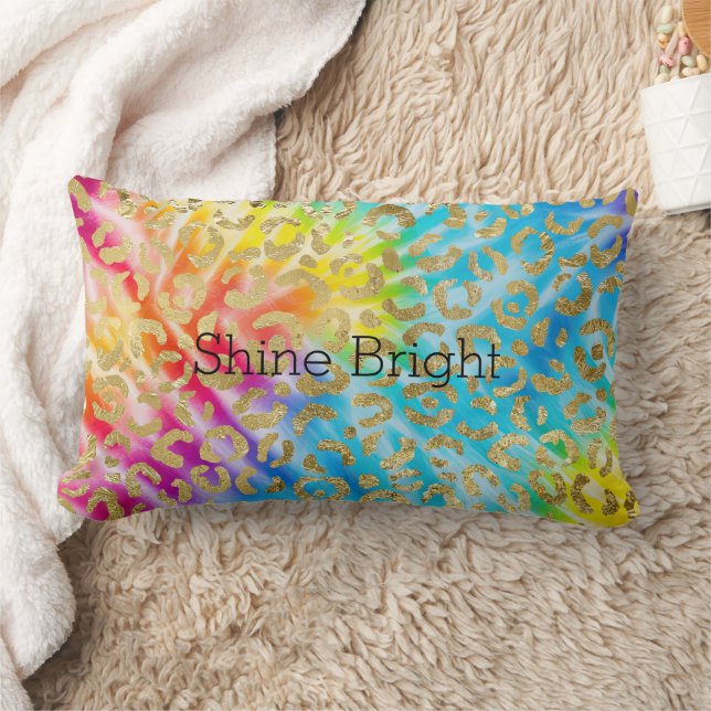 Aqua Yellow Red Tie Dye Gold Glam Leopard Print Lumbar Pillow (Blanket)