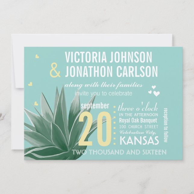 Aqua Yellow Succulent ModernTypography Wedding Invitation (Front)