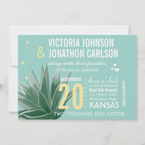 Aqua Yellow Succulent ModernTypography Wedding Custom Invitation