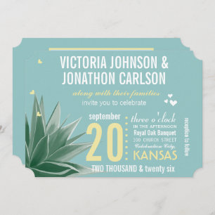 Aqua Yellow Succulent Typography Wedding Invitation