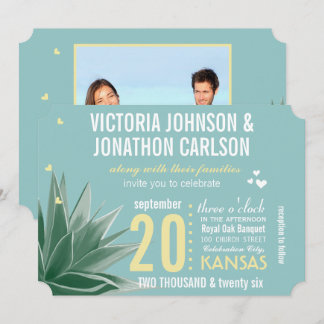 Aqua Yellow Succulent Typography Wedding Invitation