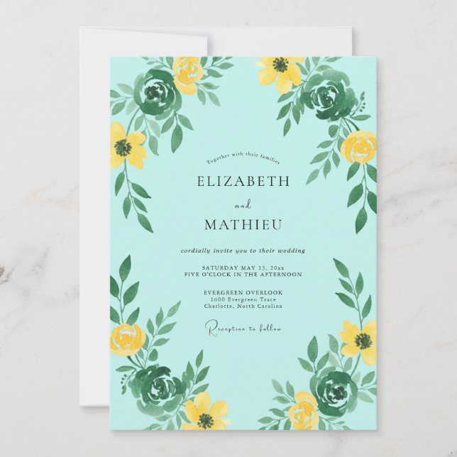 Aqua Yellow Wildflower Wedding Invitation (Front)
