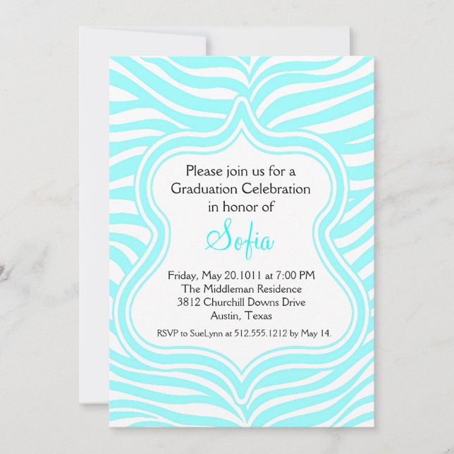 Aqua Zebra Graduation Invitation Custom Color (Front)