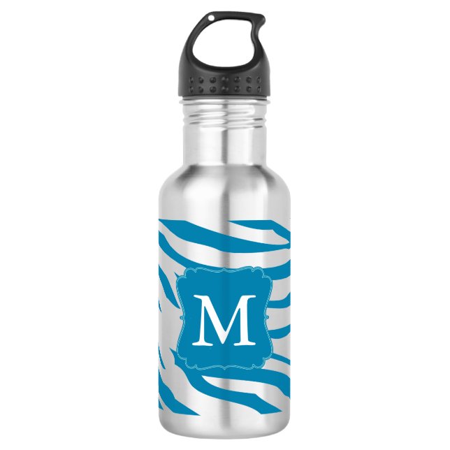 Aqua Zebra print Monogram Water Bottle (Front)