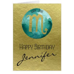 Aqua Zodiac Sign Scorpio on Gold Background Cards