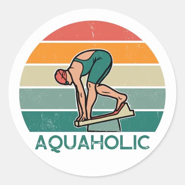 Aquaholic swimming race girl with sunset classic round sticker | Zazzle