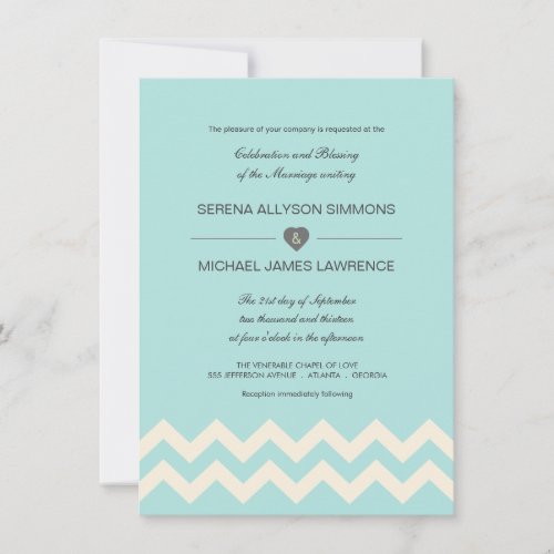 Aqual Blue and Ivory Chevron Wedding Invitations