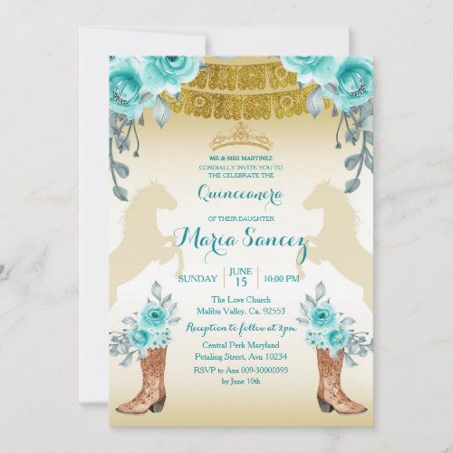 Aqual Teal Turquoise1 Horse  Boots Quinceanera Invitation