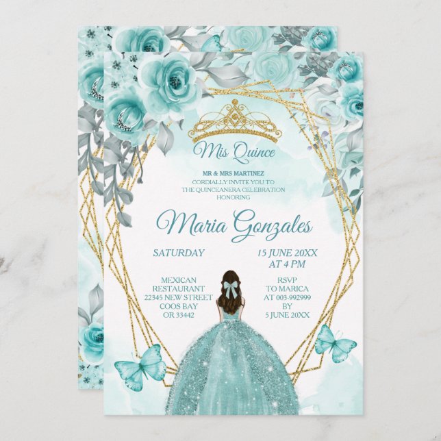 Aqual Teal Turquoise3 Butterfly & Rose Mis Quince Invitation (Front/Back)