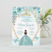 Aqual Teal Turquoise3 Butterfly & Rose Mis Quince Invitation (Standing Front)