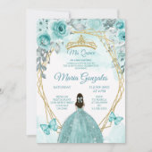 Aqual Teal Turquoise3 Butterfly & Rose Mis Quince Invitation (Front)