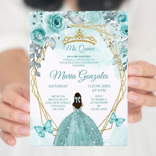 Aqual Teal Turquoise3 Butterfly  Rose Mis Quince Invitation