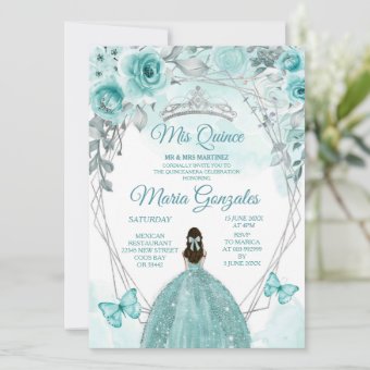 Aqual Teal Turquoise Butterfly Mis Quince Birthday Invitation | Zazzle