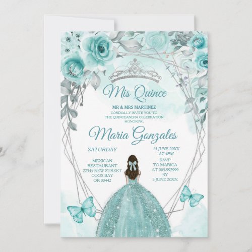 Aqual Teal Turquoise Butterfly Mis Quince Birthday Invitation