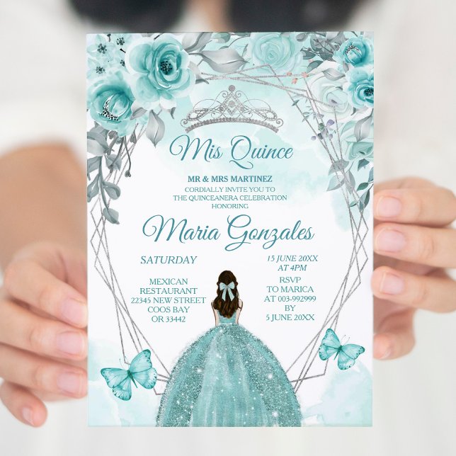 Aqual Teal Turquoise Butterfly Mis Quince Birthday Invitation (Creator Uploaded)