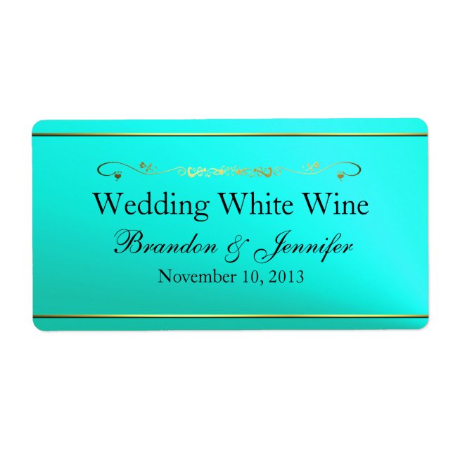 Aquamamrine & Gold Custom Wedding Mini Wine Labels (Front)