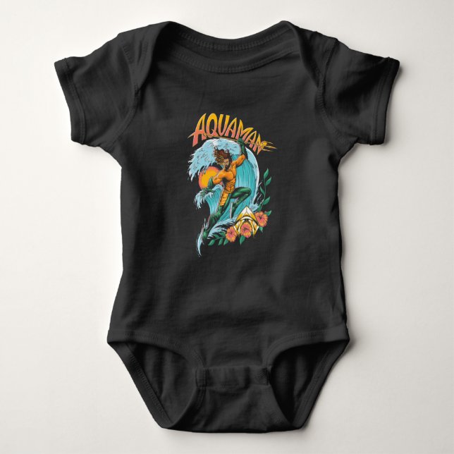Aquaman and Trident Rising Surf Graphic Baby Bodysuit (Front)