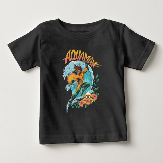 Aquaman and Trident Rising Surf Graphic Baby T-Shirt (Front)