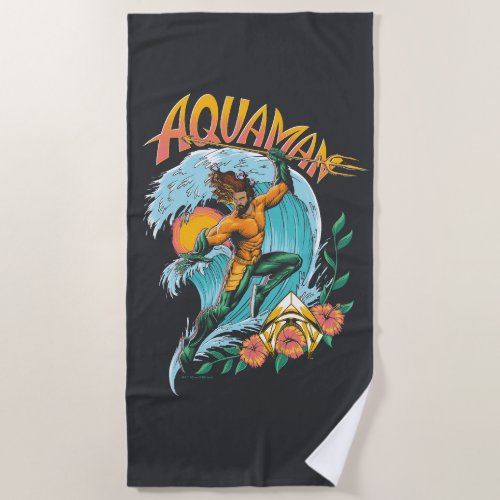 Aquaman and Trident Rising Surf Graphic Beach Towel