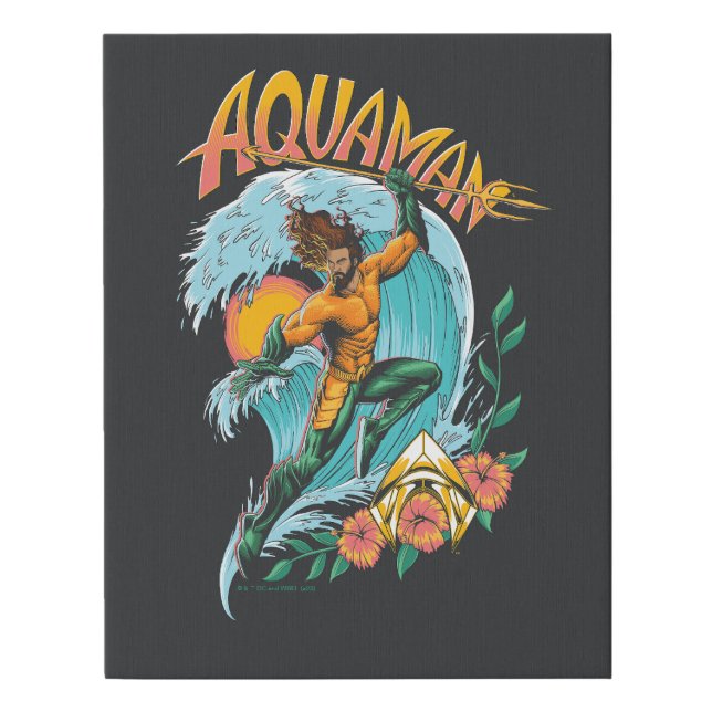Aquaman and Trident Rising Surf Graphic Faux Canvas Print (Front)