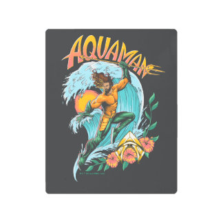 Aquaman and Trident Rising Surf Graphic Metal Print