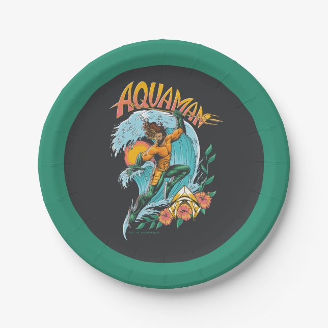 Aquaman and Trident Rising Surf Graphic Paper Plates (Front)