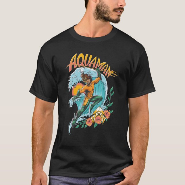 Aquaman and Trident Rising Surf Graphic T-Shirt (Front)