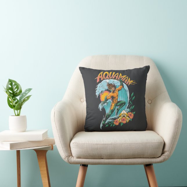 Aquaman and Trident Rising Surf Graphic Throw Pillow (Chair)