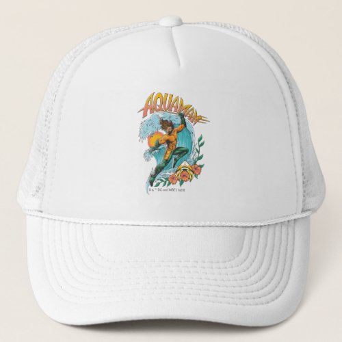 Aquaman and Trident Rising Surf Graphic Trucker Hat
