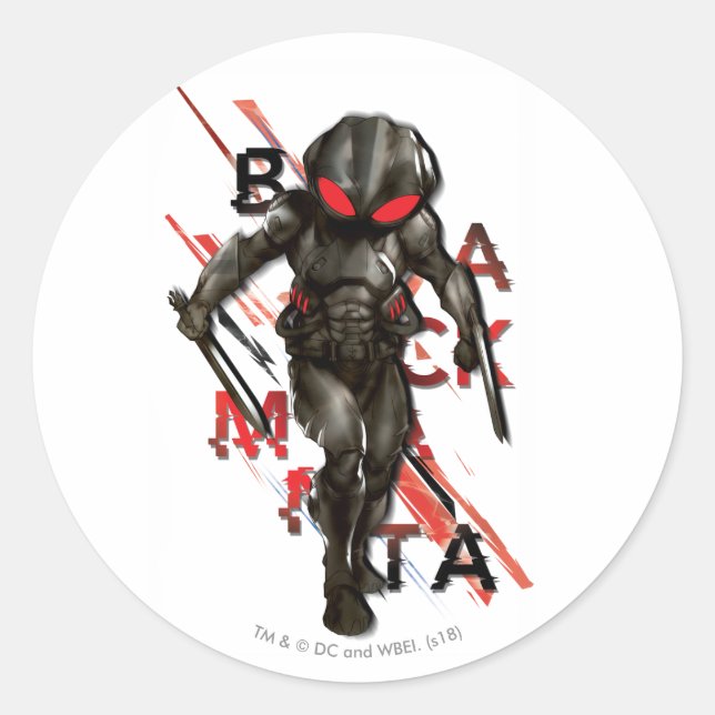 Aquaman | Black Manta Scattered Typography Graphic Classic Round Sticker (Front)