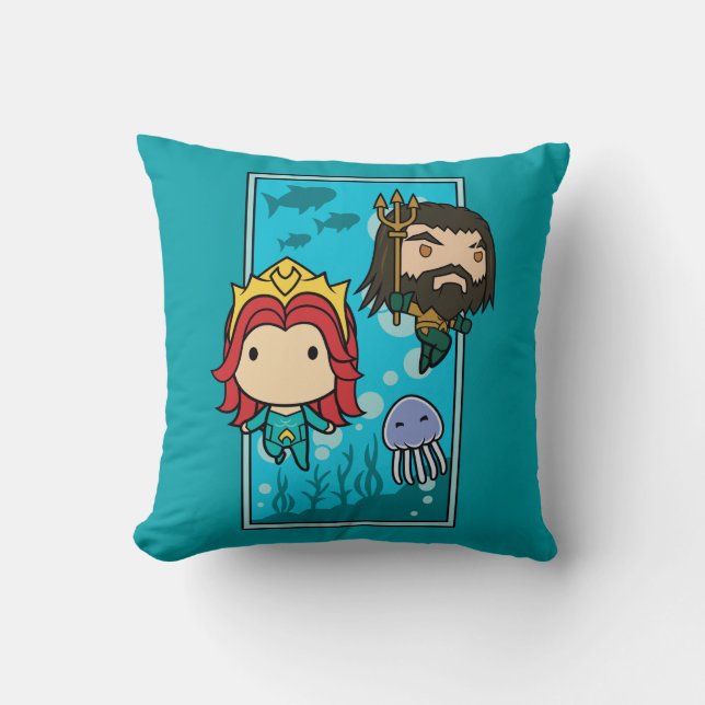 Aquaman | Chibi Mera & Aquaman Undersea Graphic Throw Pillow (Front)