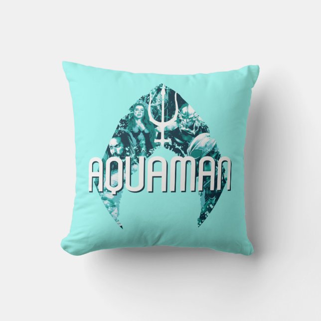 Aquaman | Orin, Mera, Orm & Black Manta In Symbol Throw Pillow (Front)