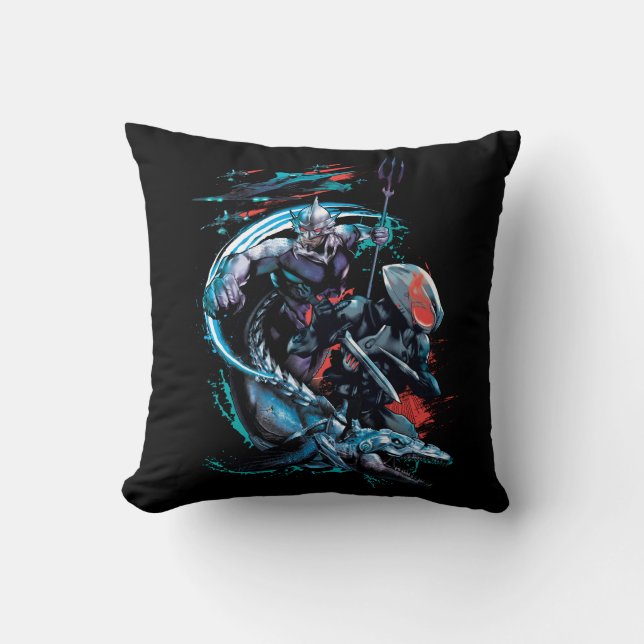 Aquaman | Orm, Black Manta, Tylosaur, & Ships Throw Pillow (Front)