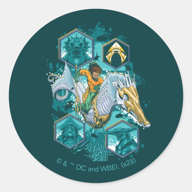 Aquaman Riding Seahorse Across Kingdoms Classic Round Sticker (Front)