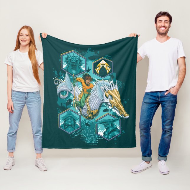 Aquaman Riding Seahorse Across Kingdoms Fleece Blanket (In Situ)
