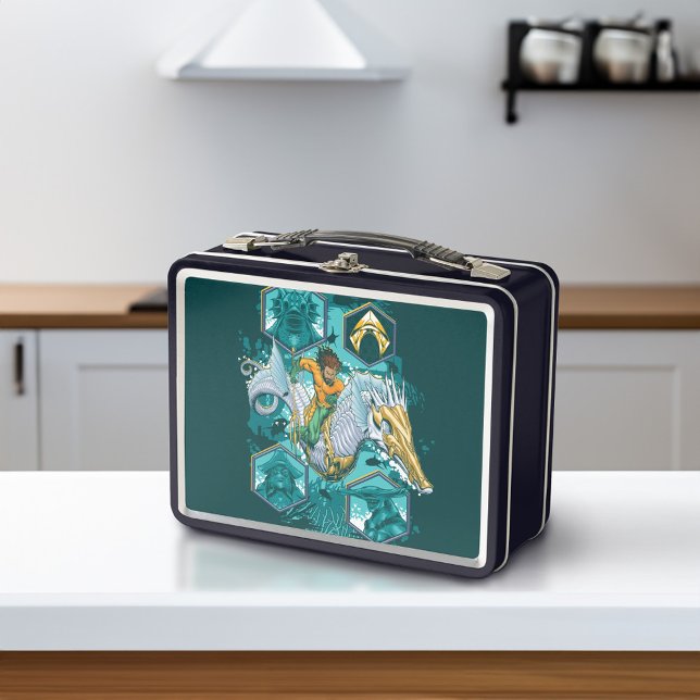 Aquaman Riding Seahorse Across Kingdoms Metal Lunch Box (Lunch box on counter)