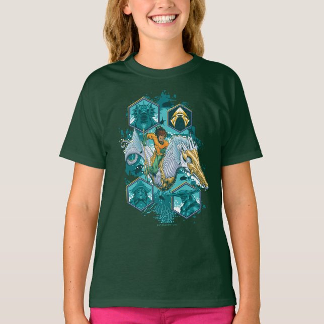 Aquaman Riding Seahorse Across Kingdoms T-Shirt (Front)